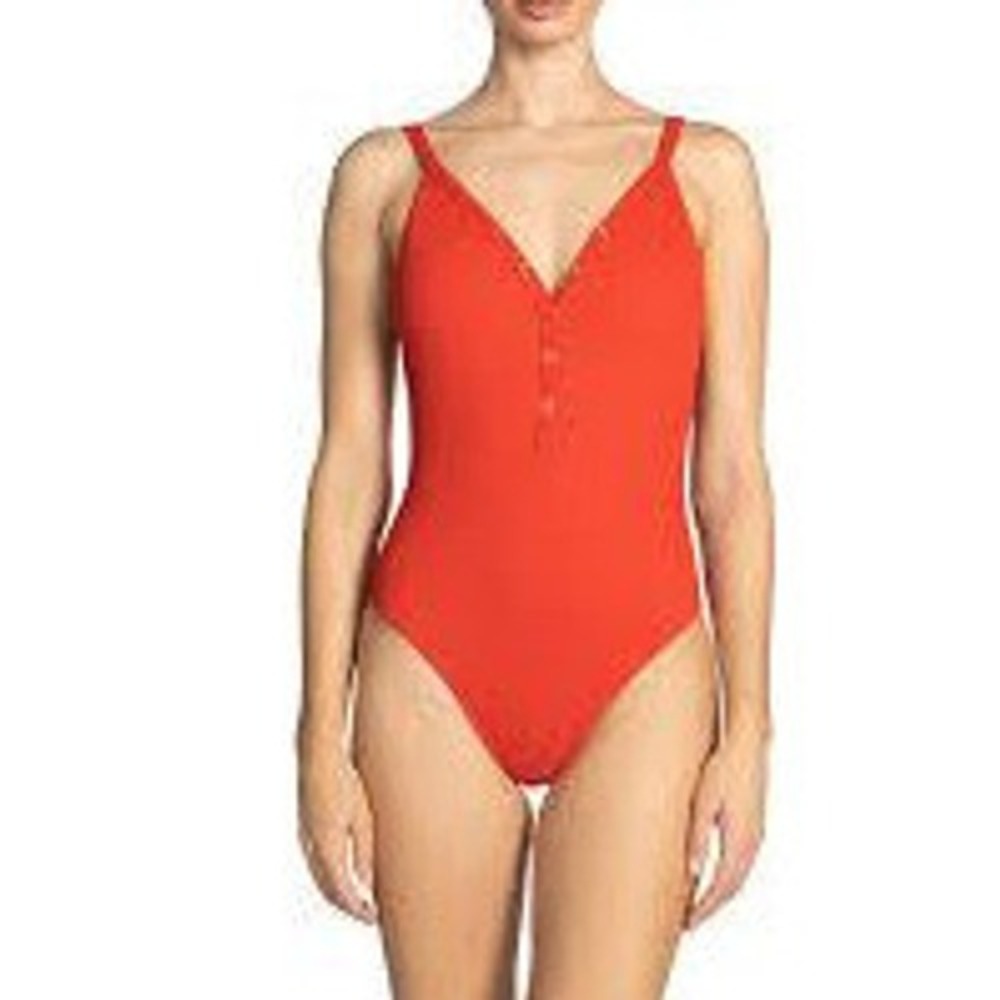 Robin‎ Piccone Amy V Neck One Piece Swimsuit Marmalade Red Size 10 New With Tags